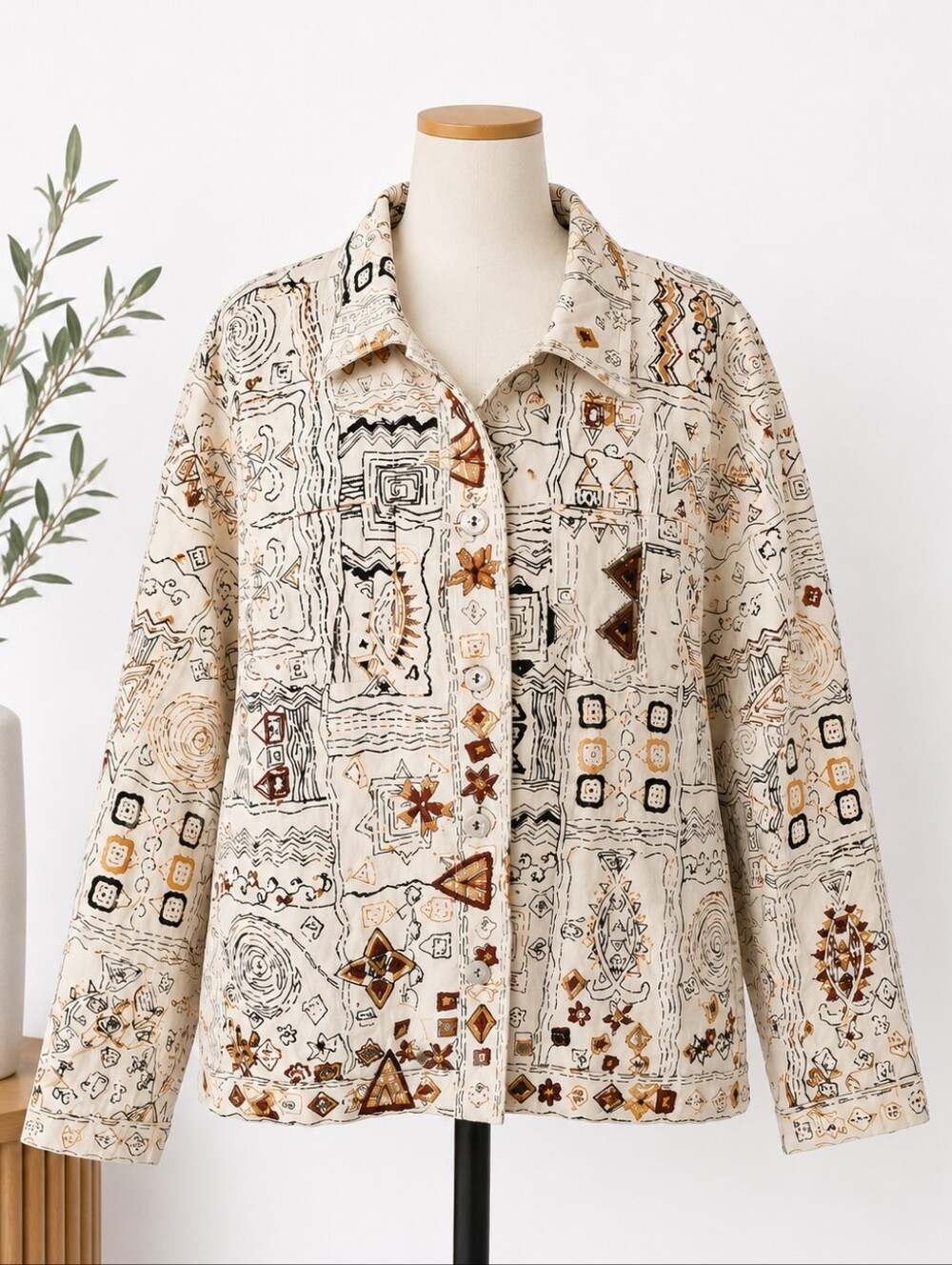 Vintage Chico’s Size 2 Cream Southwestern Embroidered Jacket 100% Cotton